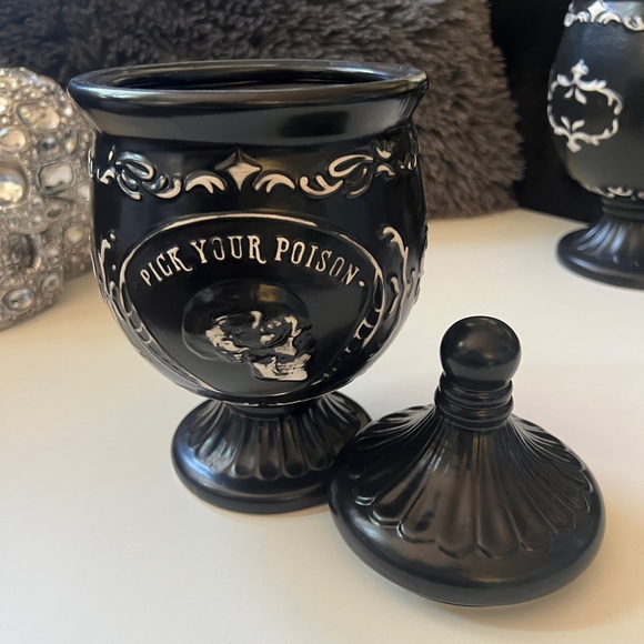 NWT Ceramic Apothecary Jar Embossed Ornate Skull Design “Pick Your Poison” 9.5” - Picture 9 of 15